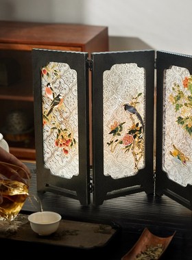 茶室桌面屏风摆件创意边柜高级感摆画喜上眉梢茶T台复古折叠小屏