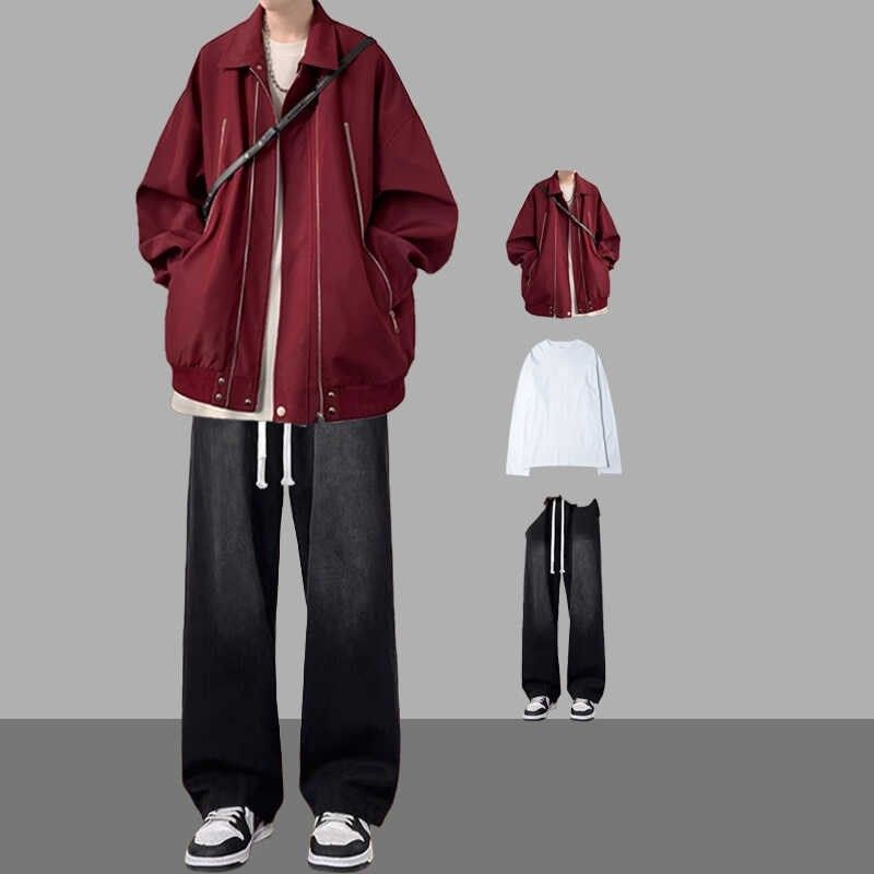 拉链翻领外套男装秋季套装美式复古夹克搭配牛仔裤一套帅气三件套