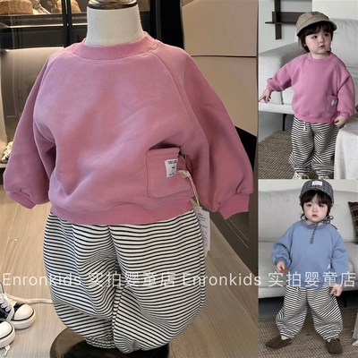 婴童裤子秋冬季男童加绒休闲x条纹卫裤圆领百搭薄绒款宝宝卫衣套