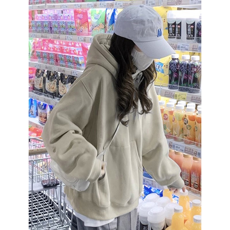 慵懒风纯色卫衣女j2023新款爆款秋冬连帽大码女装加绒显瘦宽松上