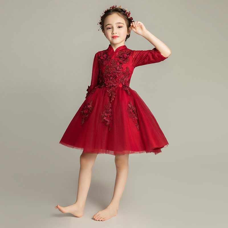 儿童晚礼服公主裙女童高贵走秀婚纱E长袖蓬蓬纱小花童钢琴演出服