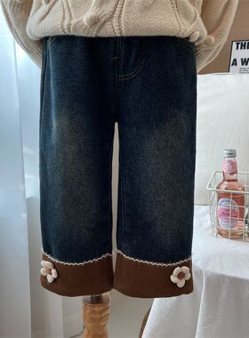 女童裤子宽松20j24秋冬装牛仔裤休闲阔腿裤儿童加绒一体绒直筒裤