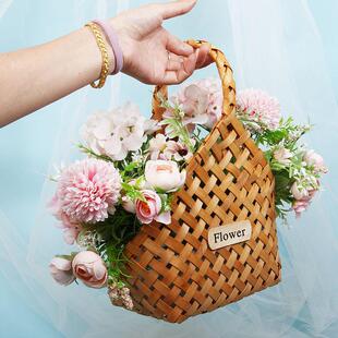 简约唯美手工竹编提篮花影楼拍摄道具竹篮插花花蓝子婚礼提篮摆件