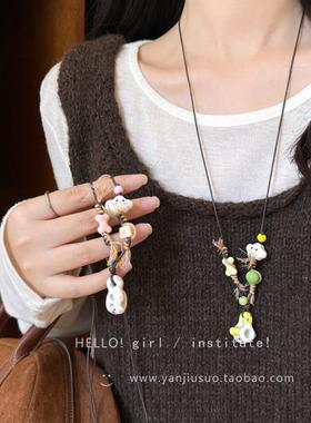 童趣陶瓷小狗吊坠项炼女款小猫挂件毛衣炼可爱小众设计百搭锁骨炼