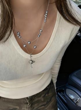 飞船灰色珍珠吊坠项炼女小众独特个性毛衣炼高级感叠戴长款卫衣炼