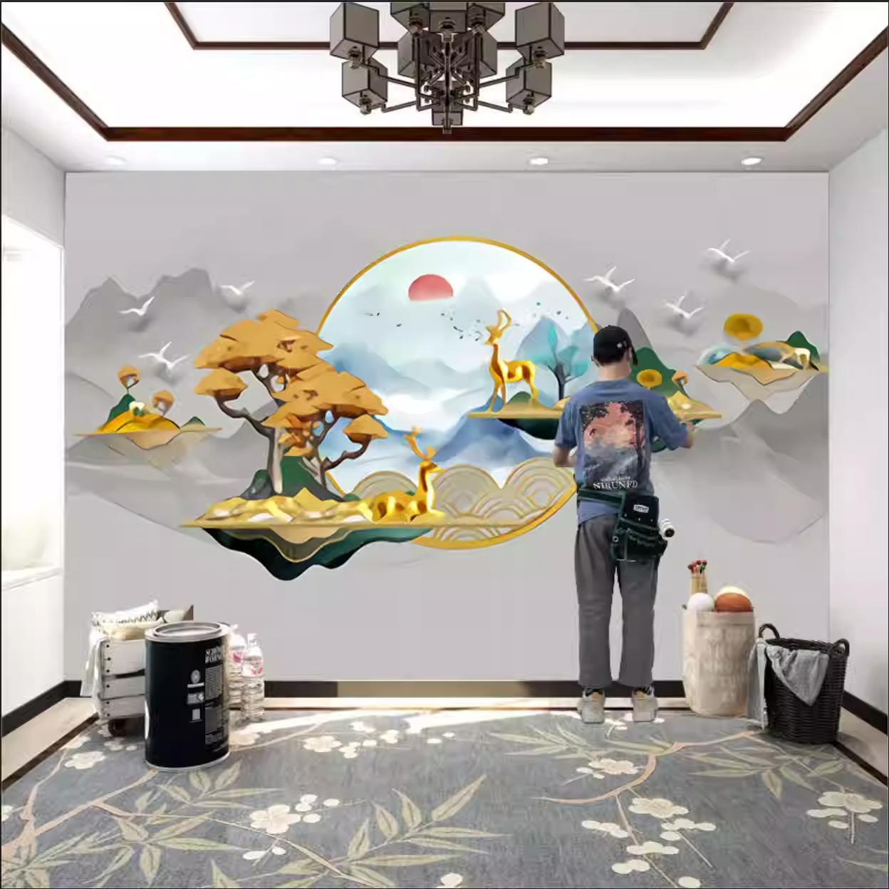 9D立体中式意境山水麋鹿壁纸电视背景墙客厅沙发卧室轻奢壁画墙布