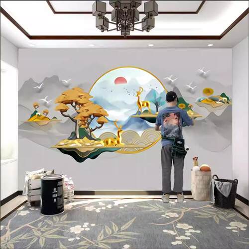 9D立体中式意境山水麋鹿壁纸电视背景墙客厅沙发卧室轻奢壁画墙布