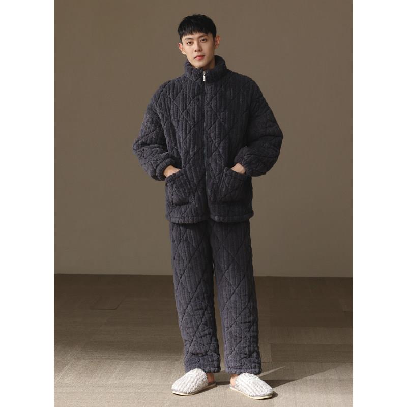 【超厚】珊瑚绒睡衣男款冬季三层夹棉加厚棉袄保暖家居服套装冬天