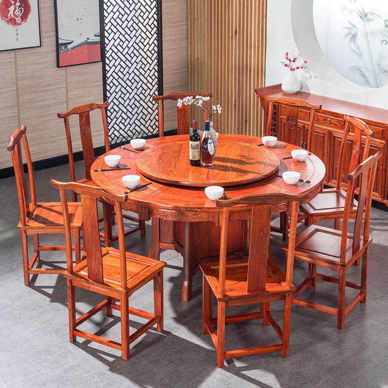 纯实木圆桌椅组合中式仿古榆木饭桌转盘雕花吃饭桌子家用餐桌