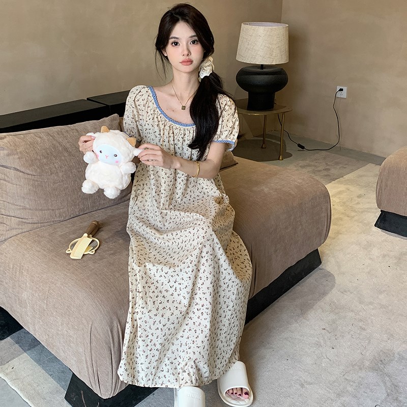 带胸垫睡裙女夏季短袖中s长款韩版甜美碎花睡衣大码薄款仿棉家居
