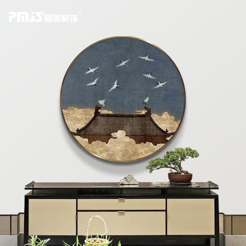 新中式晶瓷画仿古壁画圆形装饰画中D国风进门玄关画瑞鹤图过道挂图片