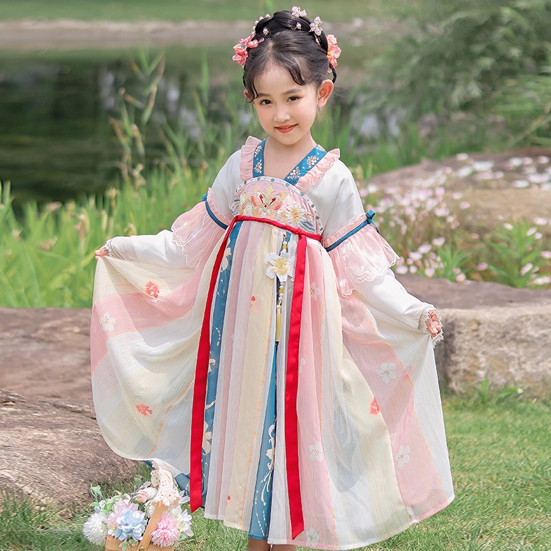 芷兰  b  女童汉服秋装连衣裙长袖中国风改良古装裙子儿童齐胸襦