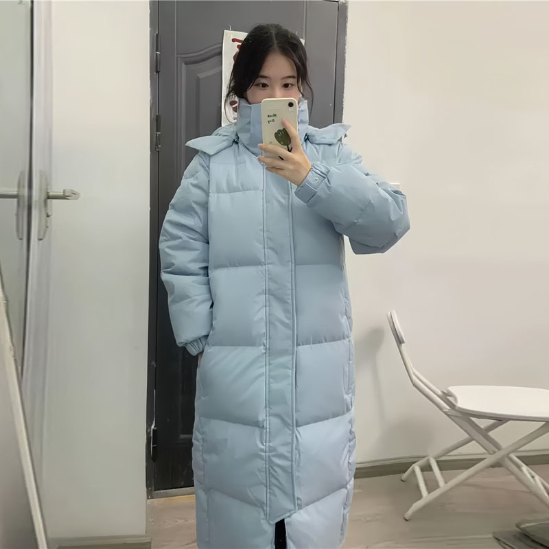韩系冬装长款蓝色连帽羽绒棉袄女2024年新N款宽松百搭洋气棉服棉