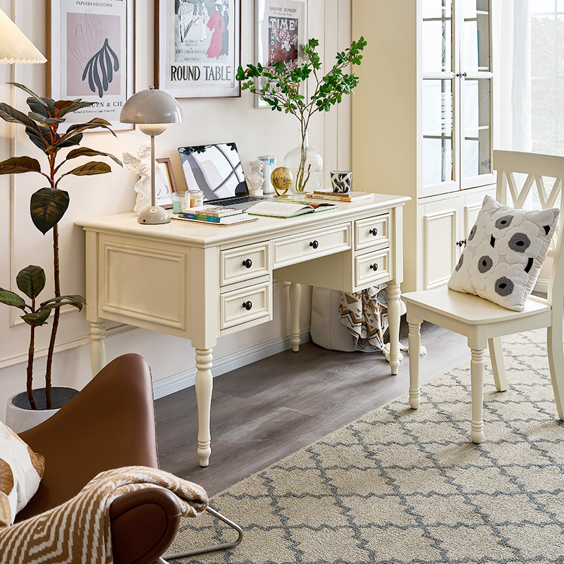 美式实木书桌椅奶油白色简约现代学生家用办公Q电脑桌子书房写字