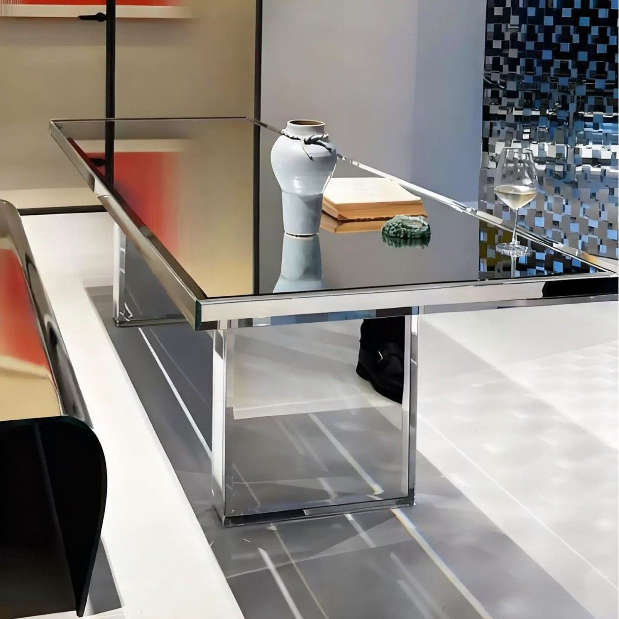 GLAS意大利银镀镜面玻璃餐桌家用现代简约高级感长方形办公会议桌