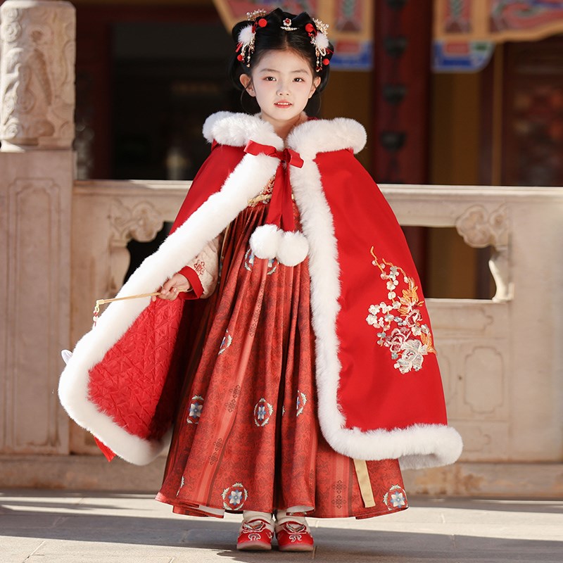 汉服女童冬季f加绒古装拜年服女孩秋冬款国风过年加厚唐装连衣裙