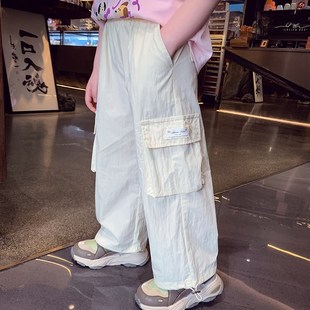 女童裤子夏装2025新款美式高街儿童休闲阔腿长裤女孩户外工装伞裤