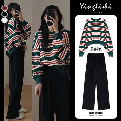 哺乳衣外出辣妈款春季女条纹宽松显瘦上衣阔腿裤产后喂奶两件套装