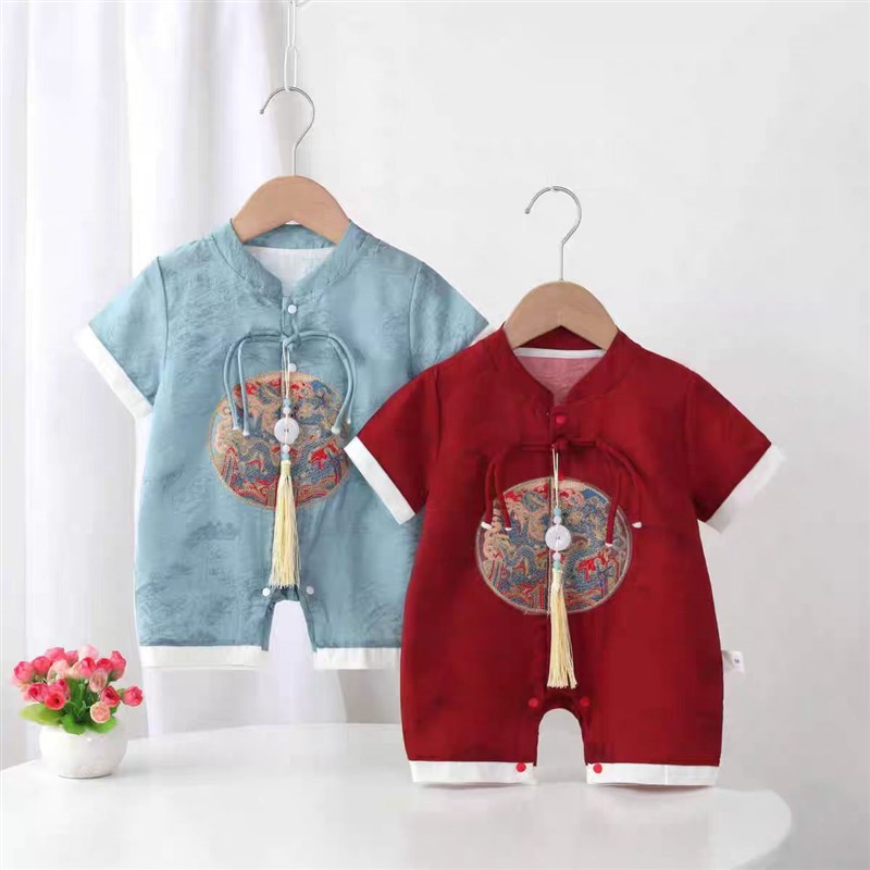 婴儿夏季衣服短袖中国薄款中式宝宝连体衣唐装满月百天礼服哈衣