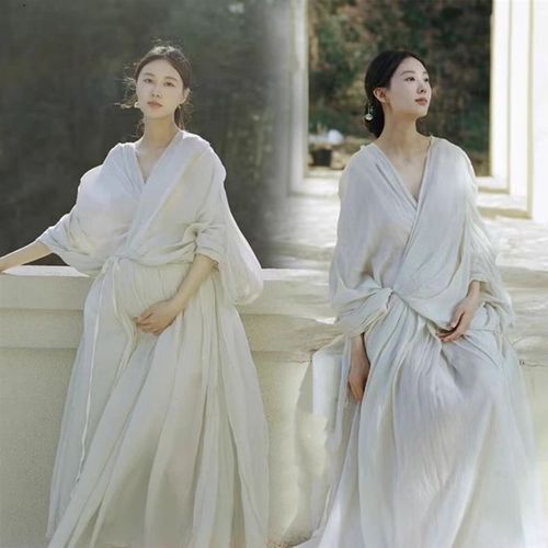 新中式禅意影楼孕妇拍照摄影白色仙气汉服丝麻连衣裙