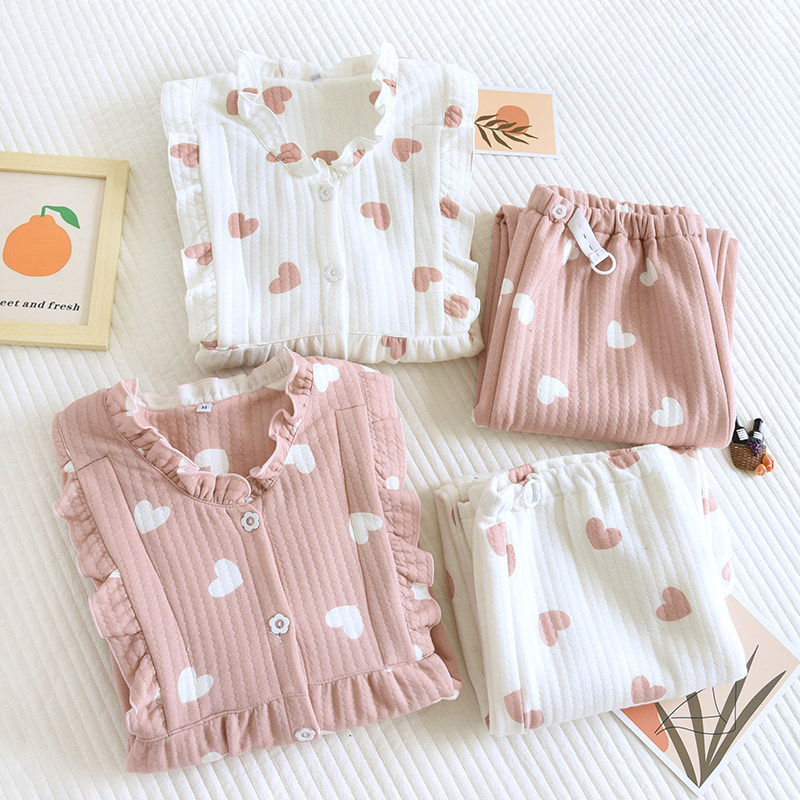 秋冬夹棉月子服纯棉产后哺乳孕妇睡衣空气层家居服托腹可调节爱心