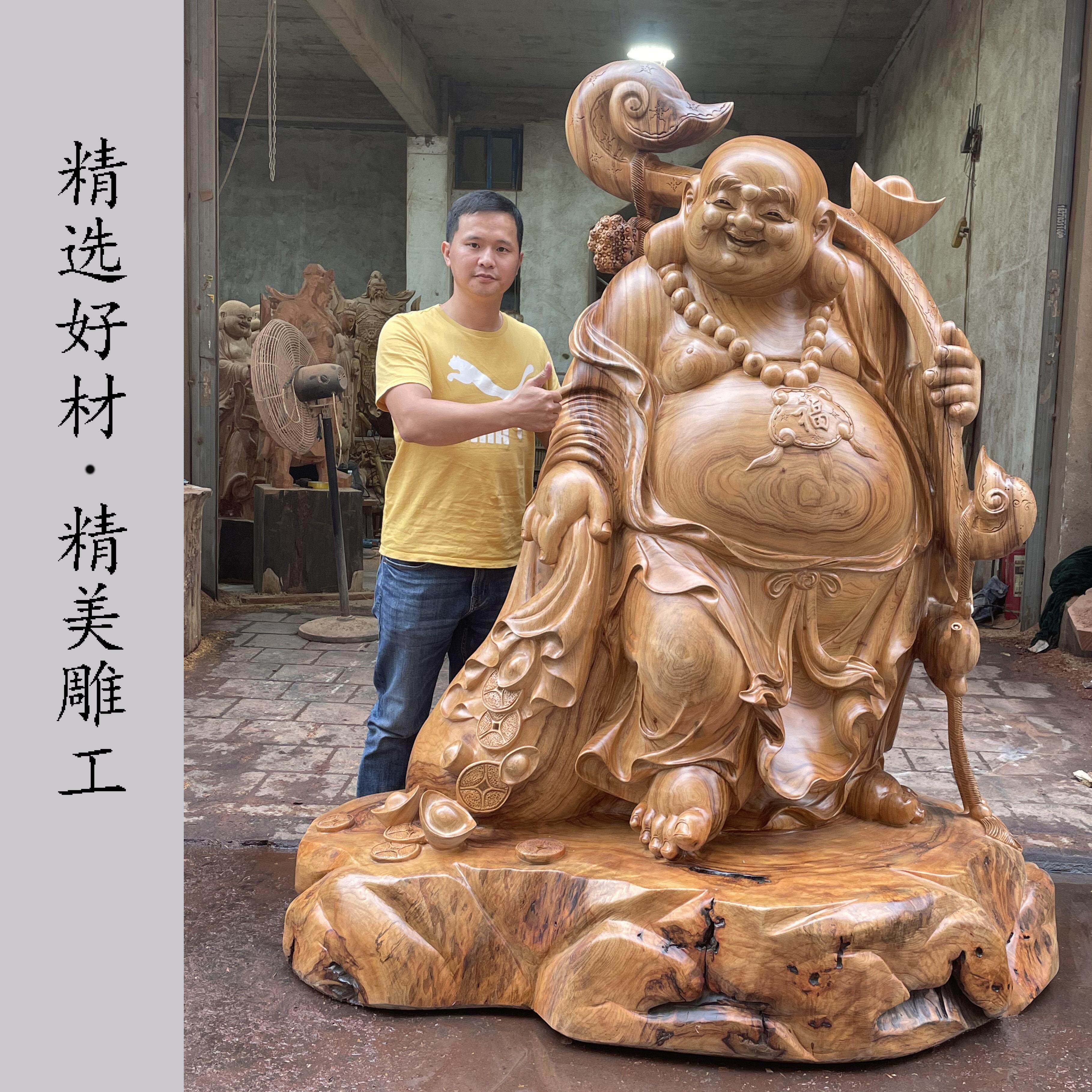 大型弥勒佛实木雕摆件纯手工香樟关公关羽财神根雕落地红豆杉大号