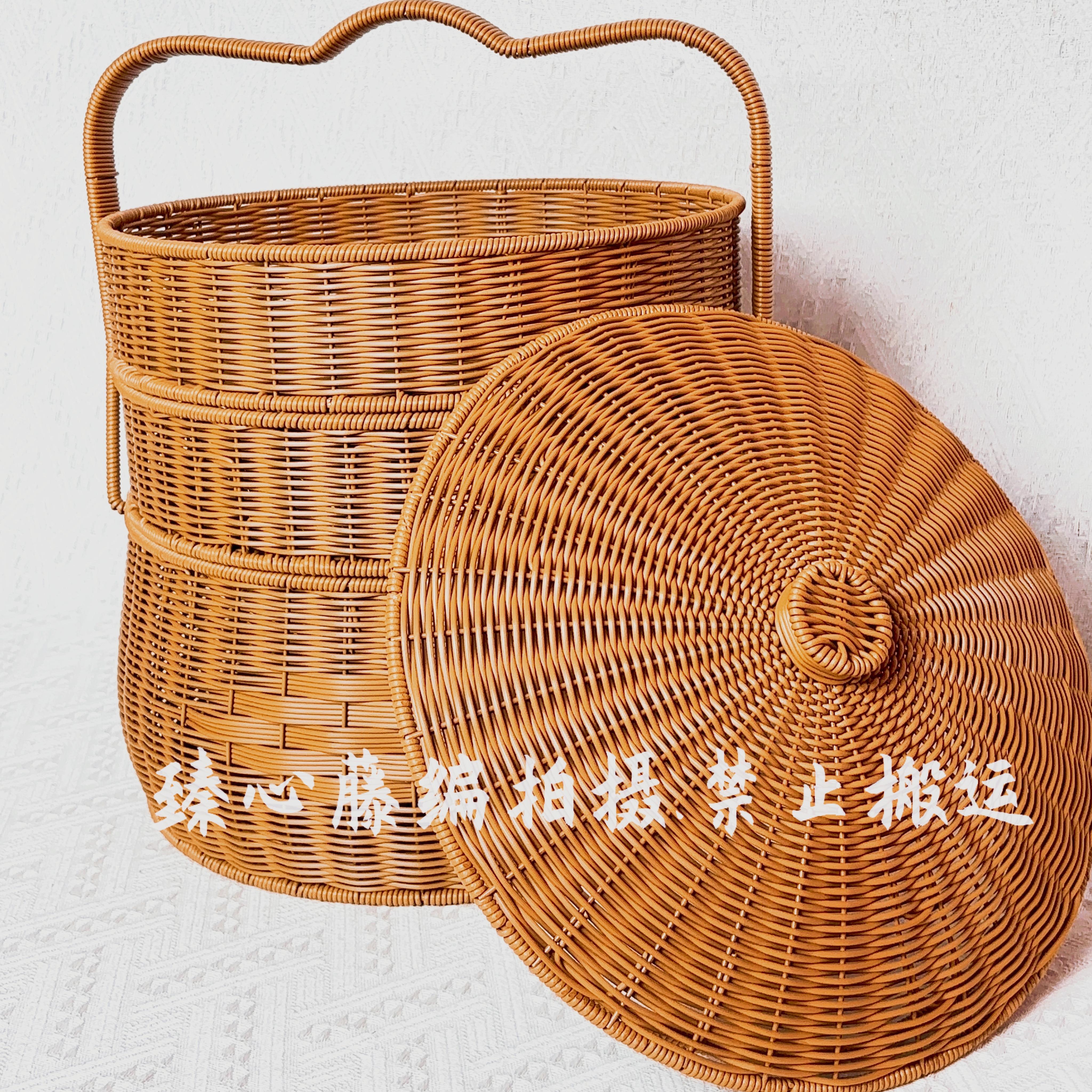 TY49圆三层婚庆乔迁送神篮拜祖公篮拜拜手提篮仿藤编织手提篮