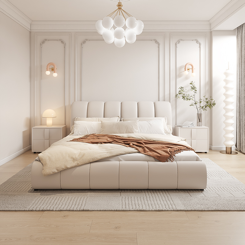 奶油风皮床1.8米双人实木床现代简约主卧1.5m储物小户型科技布床