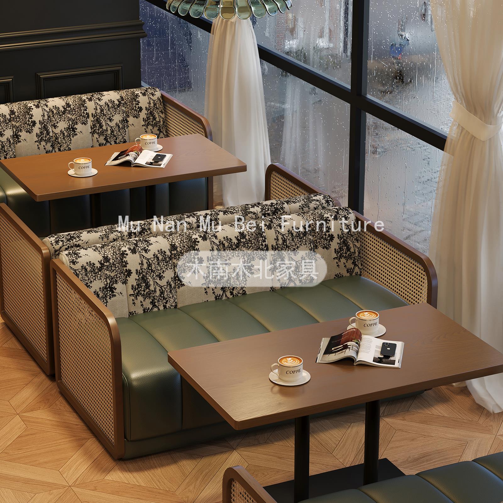覆古实木藤编定制卡座沙发中古奶茶店咖啡西餐厅商用接待桌椅组合