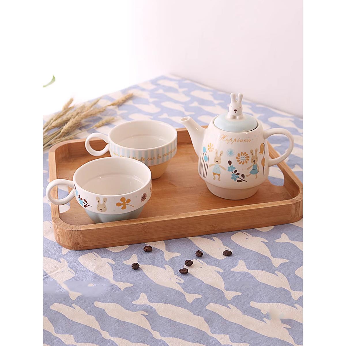 日式砂糖兔陶瓷一茶壶两茶杯带过滤可爱下午茶二人茶具套装子母壶
