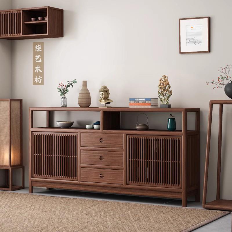 新中式实木餐边柜茶室储物柜老榆木客厅入门玄关柜黑胡桃木茶边柜