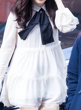 iu李知恩裙子收腰显瘦明星同款学生套装白色仙女打底裙蕾丝连衣裙