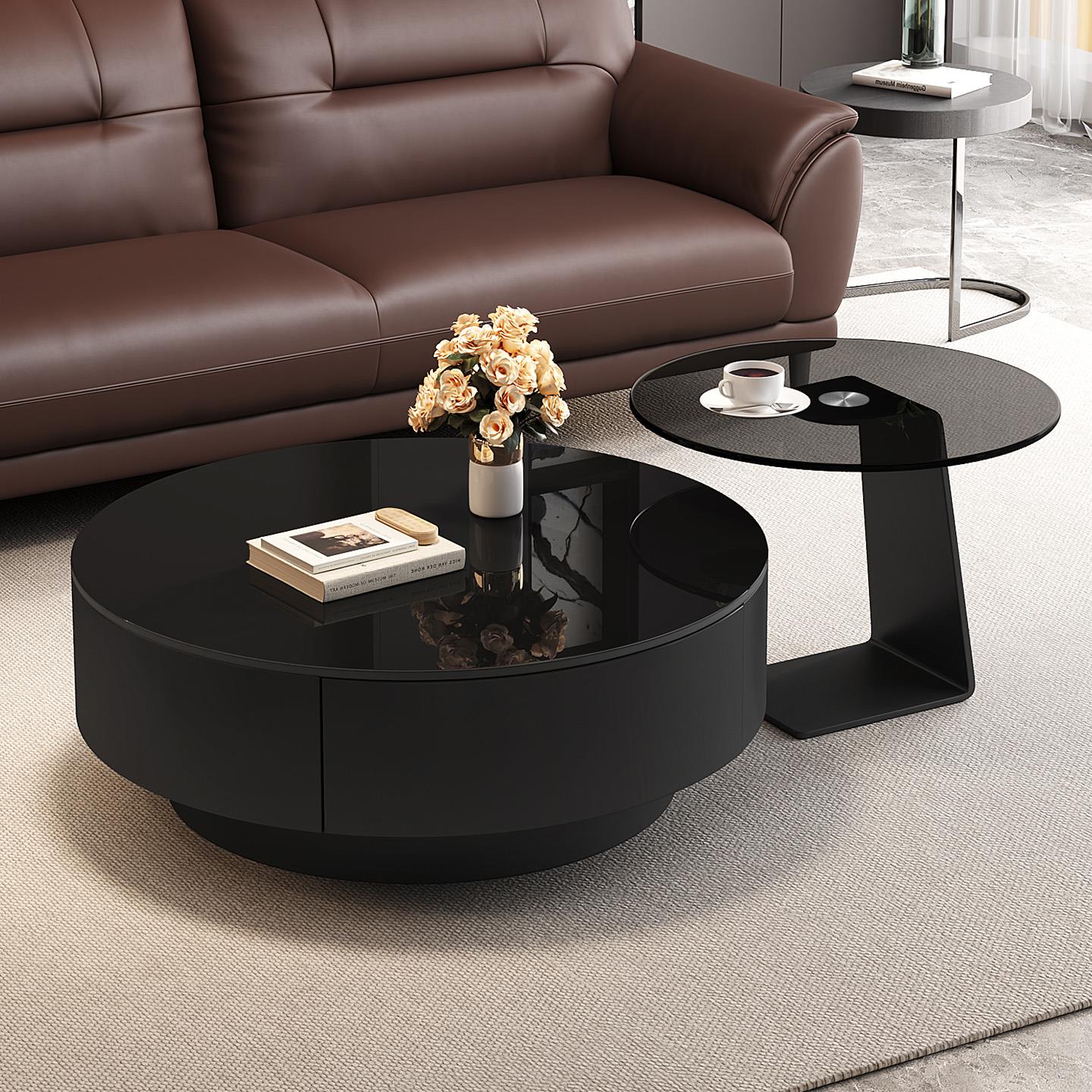 黑色钢化玻璃茶几客厅家用简约组合圆桌高级感极简边几桌子