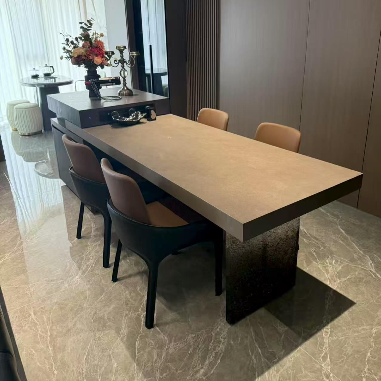 全岩板岛台餐桌一体式可伸缩高端定制轻奢极简风中导台餐桌加吧台