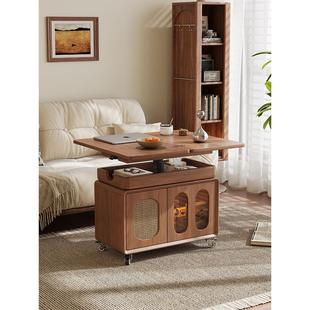 中古风可移动茶几实木升降折叠客厅轻奢沙发边几小户型家用小推车