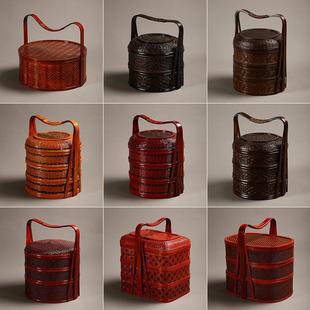 手工竹编提篮覆古食盒带盖子多层送餐篮户外手提盒野餐篮红色婚庆