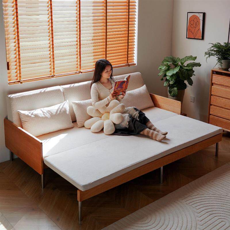 北欧轻奢樱桃木伸缩沙发床全实木抽拉式小户型三人位坐卧两用折叠