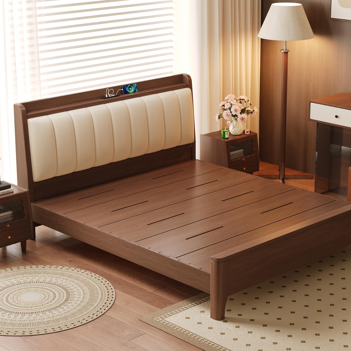 榫卯满铺实木床1米8双人大床简约现代排骨架1米5软靠包木床铺家用