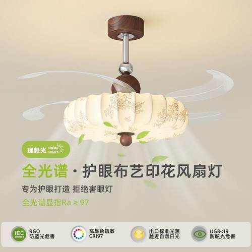 中古风隐形吊扇灯新款宋代美学护眼饭厅吸顶灯南洋风印花卧室灯具