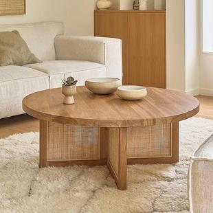 纳维亚覆古实木藤茶几日本原木低桌 圆形茶几斯堪 Wabi Sabi风格