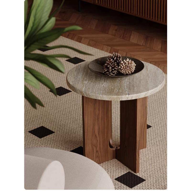 侘寂风洞石边几小茶几复古沙发角几边桌中古原木民宿床头边柜圆桌