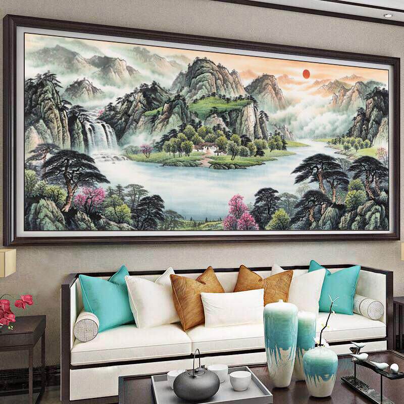 新中式钻石画 画满钻客厅聚宝盆旭日东升大幅点钻十字绣山水风景
