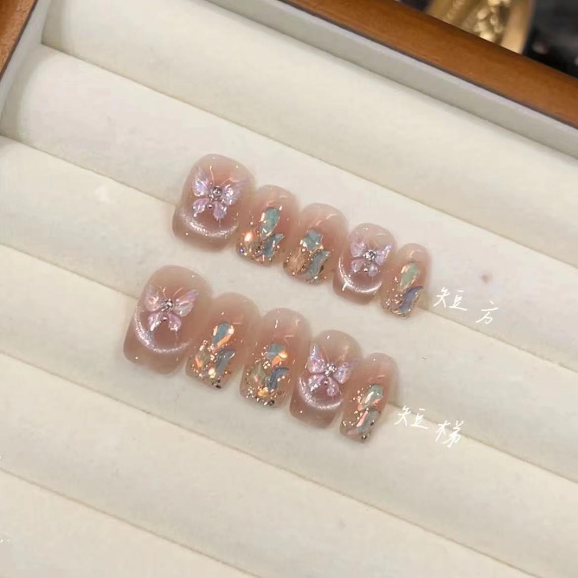 纯手工光疗美甲梦蝶穿戴甲成品猫眼美甲贴片显白气质