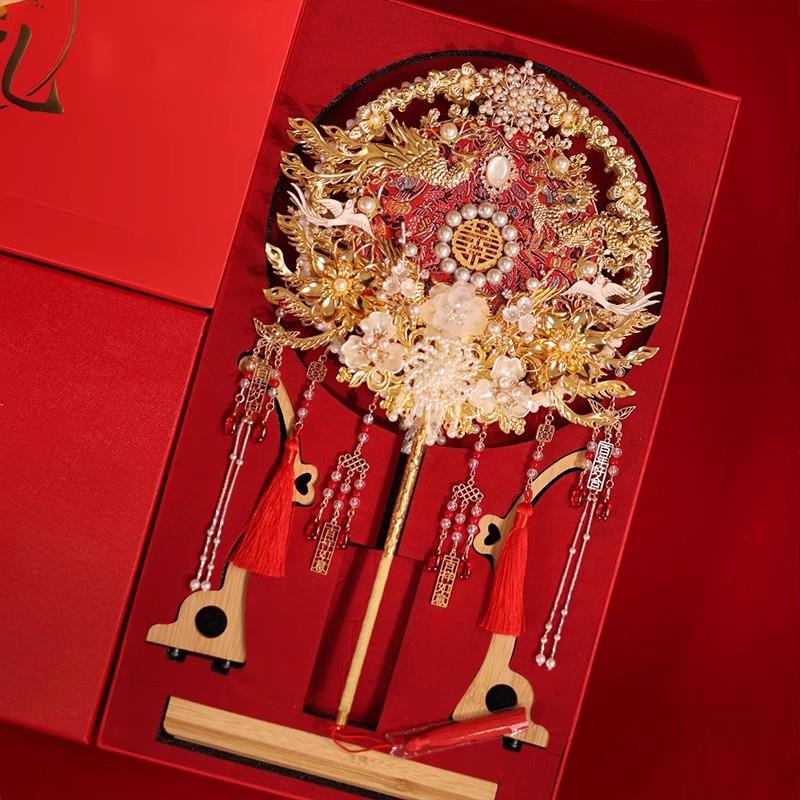 新娘双面团扇手工diy材料包高级感结婚成品喜扇婚礼出嫁新婚礼物