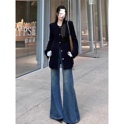 微喇阔腿牛仔裤加长版高个子女裤秋冬加绒喇叭裤拖地裤.垂感高级