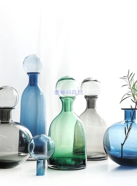 北欧蓝色灰色带盖玻璃瓶摆件花瓶样板房简约家居创意装饰绿色花器