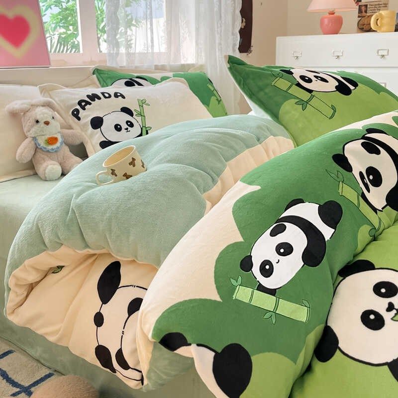 冬季加绒加厚双面绒床上四件套卡通牛奶绒被套保暖单人床单三件套