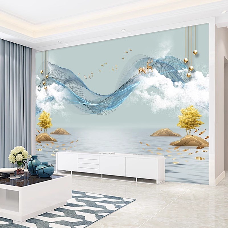 2024新款轻奢线条电视背景墙壁纸客厅影视墙五宫格壁画8D立体墙布