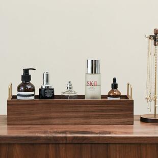 实木化妆品收纳盒梳妆台香水置物架护肤品托盘桌面高级感胡桃木筐