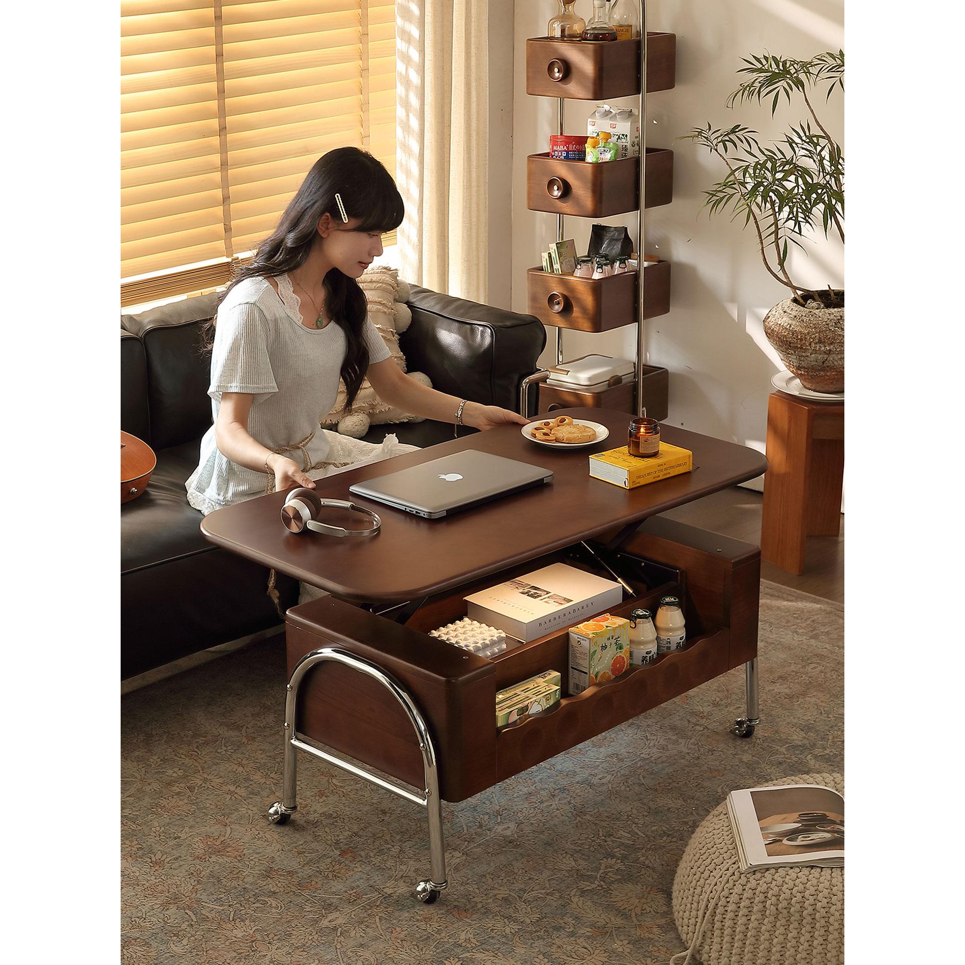 法式中古实木可移动升降茶几家用小户型轻奢沙发边柜收纳推车折叠